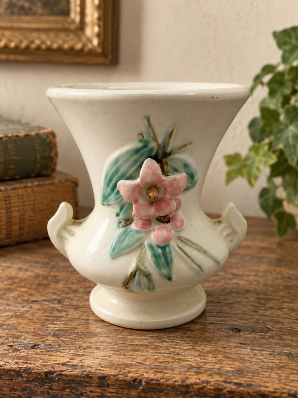 McCoy Ceramic Vase Pastel Floral Relief Design & Dual Handles Cream Base Vintage